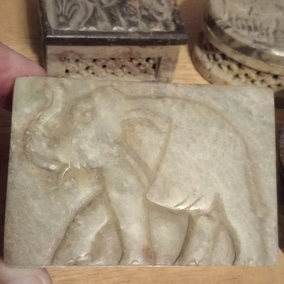 Set of Carved Stone Boxes with Elephant Design - Picture 2 of 7